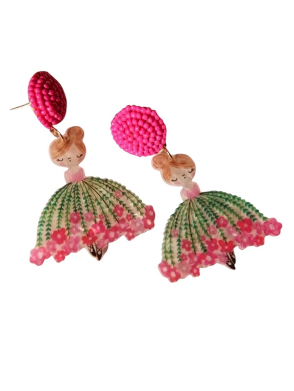 Pink and Green Floral Ballerina Earrings